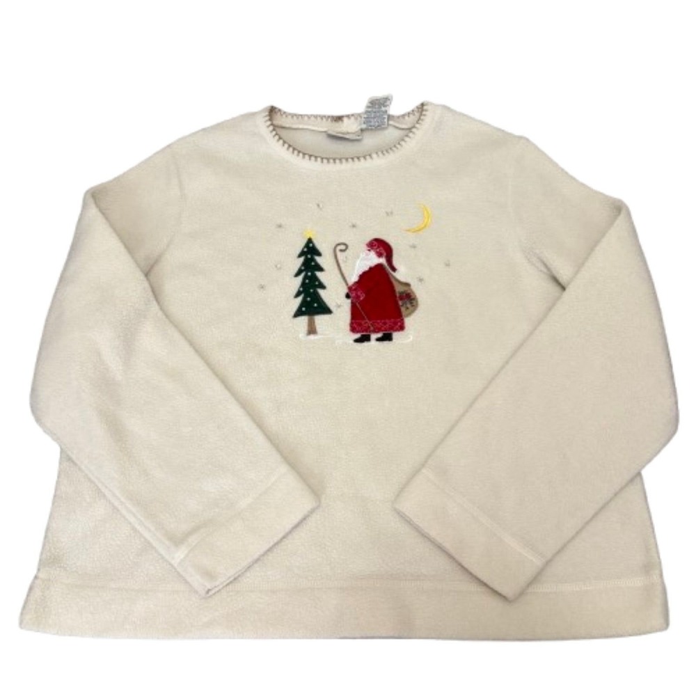 White Stag Christmas Fleece Sweatshirt Cream Santa Embroidered Grannycore XL
